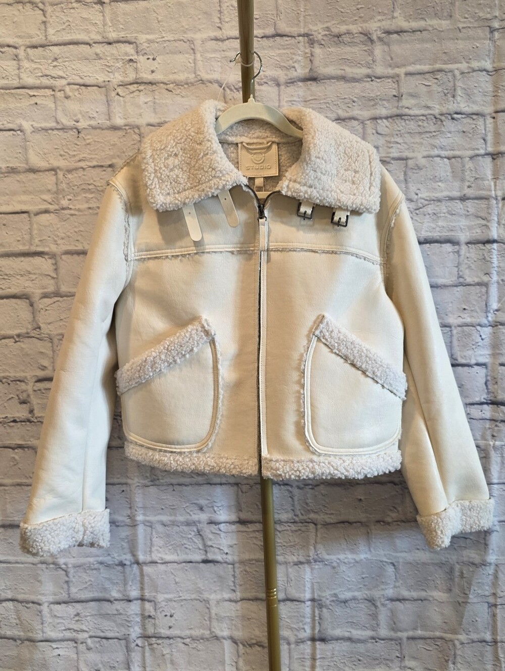 NWT Max Studio Faux Leather Shearling Aviator Jacket Cream S